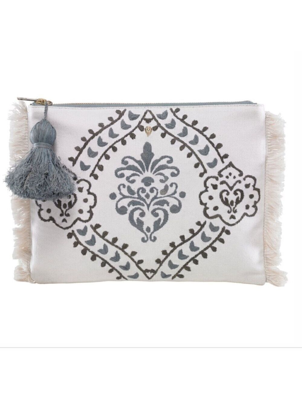 NWT Helen Kaminski Australian Embroidered Nomada Clutch in Icy Mint Tassel Boho
